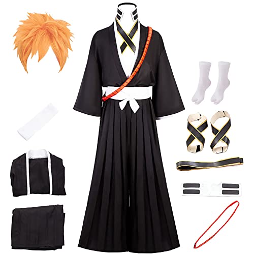 Kurosaki Ichigo Cosplay Costume Kurosaki Ichigo Cosplay Outfit Uniform Black Cloak Kimono Full Set(black01-WIG,L)