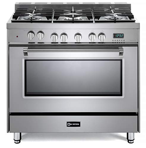 Verona Prestige Series VPFSGE365SS 36 inch Dual Fuel Range Freestanding Turbo Convection Oven 5 Sealed Burners Stainless Steel Storage Drawer