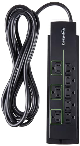 Amazon Basics Rectangular 8-Outlet Power Strip Surge Protector, 4,500 Joule - 12-Foot Cord, Black/Green
