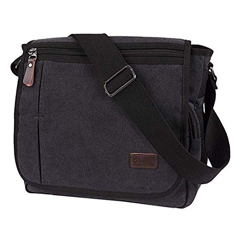 Modoker Messenger Bag for Men Women, 13 Inches Laptop Satchel Bags, Canvas Shoulder Bag with Bottle Pocket, Black