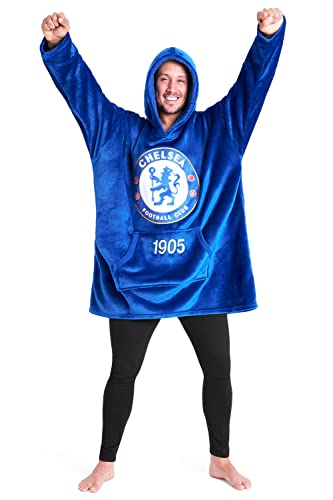 Chelsea FC Oversized Blanket Hoodie, Fleece-Lined Oversized Hoodie with Hood and Kangaroo Pocket, Blue Hoodie FC Logo Print, Football Gifts for Men