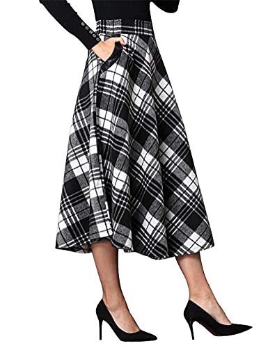 IDEALSANXUN Womens High Elastic Waist Maxi Skirt A-line Plaid Winter Warm Flare Long Skirt (X-Large, Mid-Calf Blackwhite)