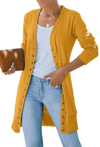MEROKEETY Women's 2024 Fall Long Sleeve Snap Button Down Solid Color Knit Ribbed Neckline Cardigans Mustard
