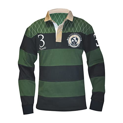 Croker Traditional Green and Navy Striped Rugby Jersey, Large - Cotton Long Sleeve Polo Shirt