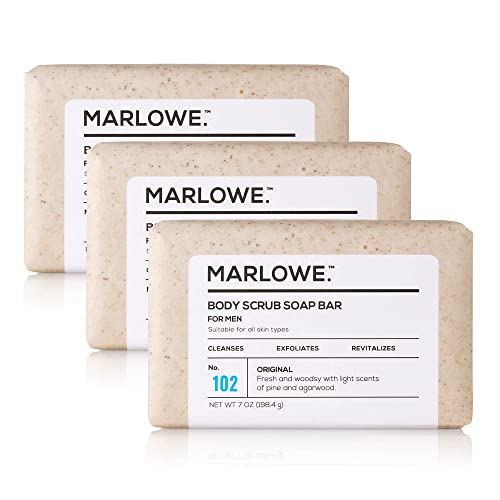 MARLOWE. No. 102 Men's Body Scrub Soap 7 oz (3 Bars) Fresh Original Woodsy Scent, Best Exfoliating Bar for Men, Natural Ingredients, Apricot Seed Powder, Shea Butter, Olive Oil, Green Tea Extracts