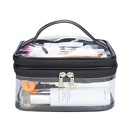 HAOGUAGUA Double Layer Clear Cosmetic Bag Makeup Bag, Waterproof Travel Toiletry Bag, Transparent PVC Hair & Nail Accessories Pouch Beach Bag Organizer (Black)