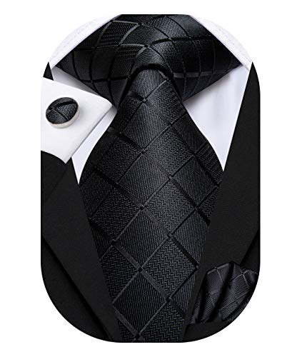Hi-Tie Solid Black Plaid Silk Necktie Mens Tie with Hanky Cufflinks Set