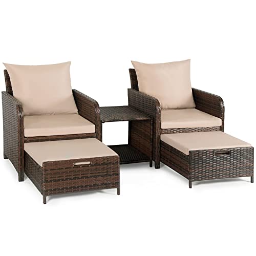 UDPATIO 5 Piece Patio Furniture Set, Wicker Outdoor Patio Conversation Chair with Ottomans with Storage Coffee Table for Patio, Space Saving Design for Balcony Poolside Front Porch Deck,Khaki