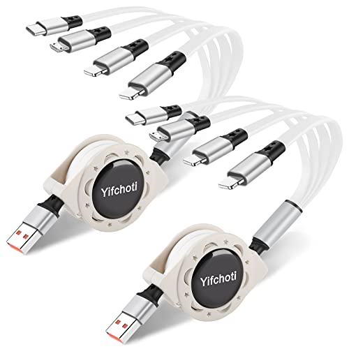 Yifchoti Multi Charger Cable Retractable USB Multiple Charging Cord with 2*iOS/Type C/Micro Port Adapter 4 in 1 Fast Charging Compatible Cell Phones Tablets Universal Use(2 Pack-3.3FT)