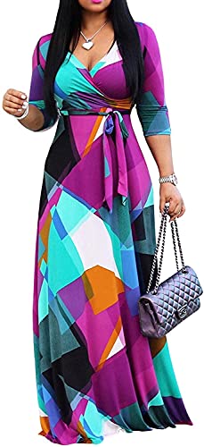 FANDEE Plus Size Maxi Dress for Women Summer Sundress V-Neck 3/4 Sleeve Multicoloured XX-Large