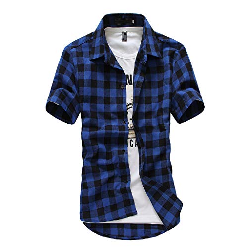 Men's Short Sleeve Plaid Dress Shirt Classic Fit Wrinkle-Free Casual Button Down Checked Shirts Jacket(Dark Blue,XX-Large)