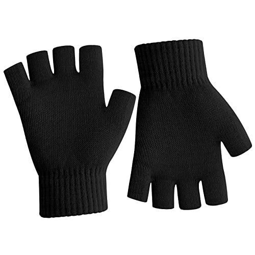 NZKNP Black Fingerless Gloves for Women Men Winter Warm Knitted Gloves Half Finger Gloves for Women Cold Weather Fingerless Mittens for Women Men Gloves with Finger Holes Womens Mens Winter Gloves