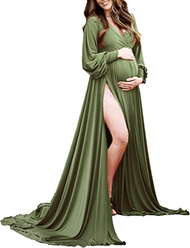 Maternity Gown Bishop Sleeves Baby Shower Dress Wrap Side Slit Sweetheart Maxi Photo Shoot for Photography（Amygreen L ）
