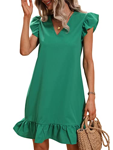 SOLY HUX Summer Dresses for Women V Neck Cap Sleeve Ruffle Hem Smock Short Dress Solid Green M