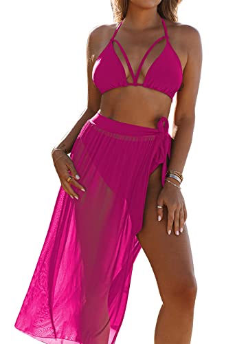 Kisscynest Women's High Waist Strappy Cut Out Bikini Sets Mesh Cover Ups Fuschia S