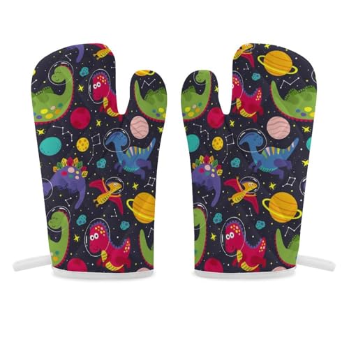 Colorful ish Dinosaurs in Galaxy Space Universe on Black 2-Piece Kitchen Oven Gloves, Double Thickened Gloves with Hanging Loop Mittens for Men Women Home Cooking 11.8 x 5.5 inch