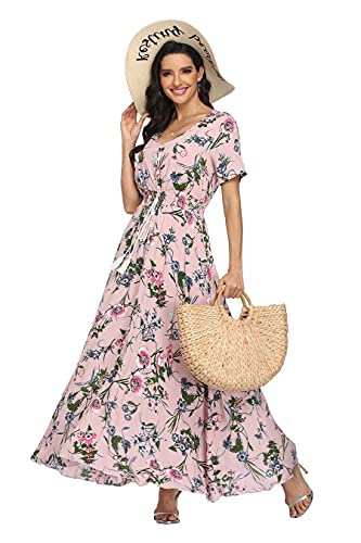 VintageClothing Women's Floral Print Maxi Dresses Boho Button Up Split Beach Party Dress,Pale Dogwood,Large