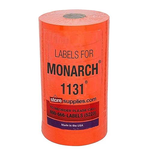 Fluorescent Red Pricing Labels to fit Monarch 1131 Pricers. 8 Rolls with 1 Free Ink Roller.