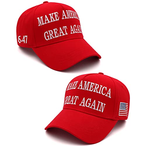 Trump 2024 45-47 MAGA Hat Make America Great Again Donald Trump Slogan with USA Flag Cap (2pcs Red MAGA Hat)
