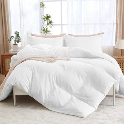 MUXHOMO White Duvet Cover Queen Size, Soft Double Brushed Duvet Covers Set 3 Pieces, Warm Comforter Cover with Zipper Closure and 2 Pillow Cases (90'×90')