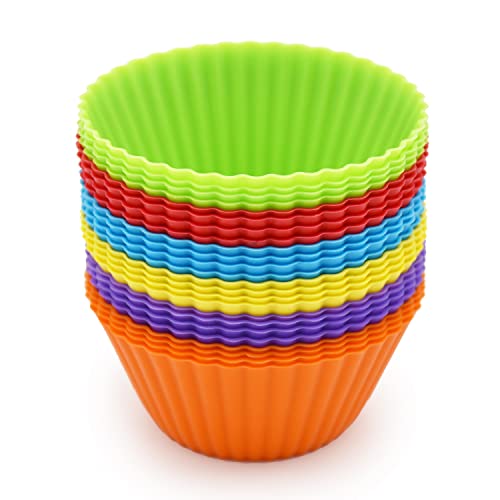 Silicone Cupcake Baking Cups 24 Pack, Reusable & Non-stick Muffin Cupcake Liners Holders Set for Party Halloween Christmas, Easy Clean Pastry Muffin Molds（Pack of 24,Multicolor）