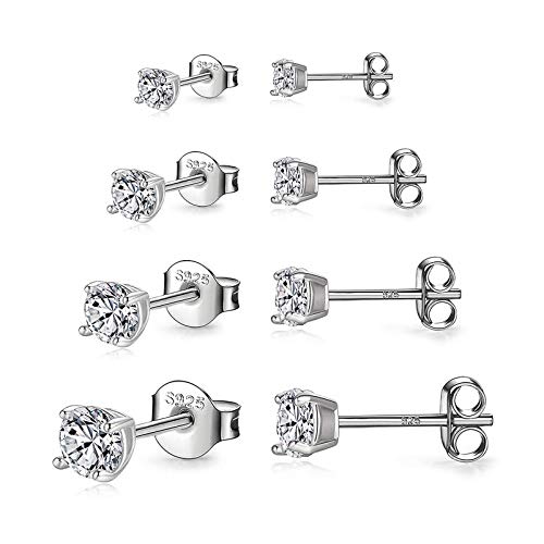 925 Sterling Silver Stud earrings Set | White Gold Plated Hypoallergenic Stud Earrings | Cubic Zirconia Stud Earrings for Women Girls (3mm，4mm，5mm，6mm)
