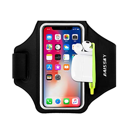 Running Armband with Airpods Bag Cell Phone Armband for iPhone 14 13 Pro 14 Plus 12 11 XR XS, Galaxy S20/S10 Water Resistant Sports Phone Holder Case & Zipper Slot Car Key Holder for 6.5 inch Phone