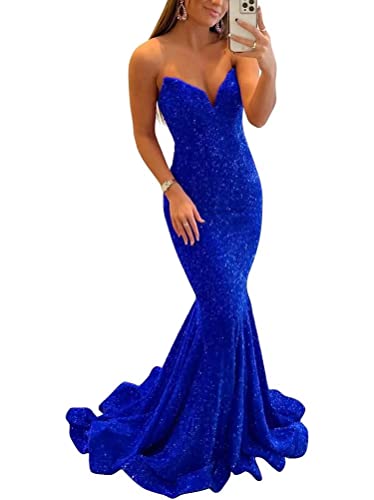 Sequin Evening Dresses for Women Formal Sexy Long Prom Party Gowns Mermaid Sparkly V-Neck Homecoming Dress Royal Blue US02