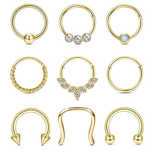 UBGICIG 9PCS Septum Jewelry 16G Septum Rings Daith Earrings Hoop Nose Rings Horseshoe Stainless Steel Septum Rings For Women Helix Tragus Lip Cartilage Earrings Silver Gold Black Rose Gold 8MM 10MM