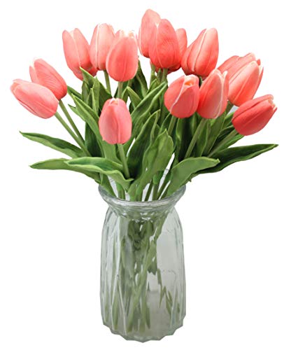 ALIERSA 10-Heads Artificial Flowers PU Mini Real Touch Tulip Bouquets (Gradient Coral)