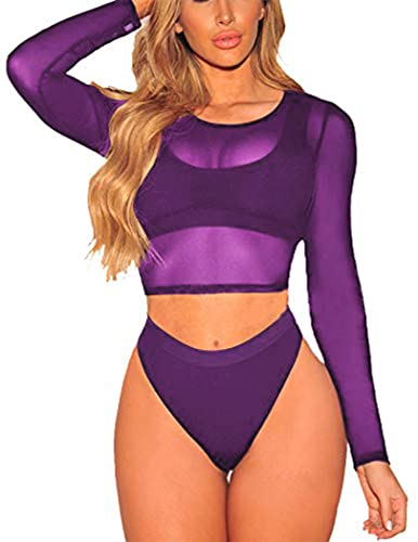 ADOME Mesh Crop Top for Women Long Sleeve Sheer Tee Shirts Blouse Purple L