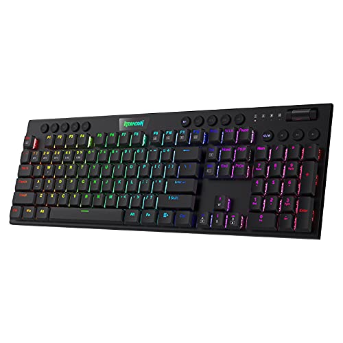 Redragon K618 Horus Wireless RGB Mechanical Keyboard, BT/2.4Ghz/Wired Tri-Mode Low Profile Gaming Keyboard w/Ultra-Thin Design, Dedicated Media Control & Tactile Brown Switch