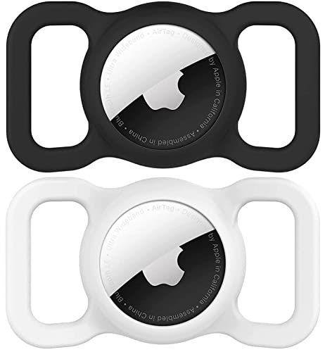 Airtag Dog Collar Holder (2 Pack) SWINCHO Silicone GPS Tracker Case Anti-Lost Protective Air Tag Cat Collar Holder (Black&White)