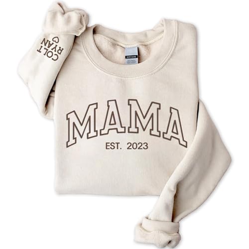 NAZENTI Embroidered Mama Crewneck Sweatshirt, Mothers Day Shirt, Mama Embroidery Crewneck Pullover, Pregnancy Reveal Gift for New Mom, Women Christmas Sweatshirt