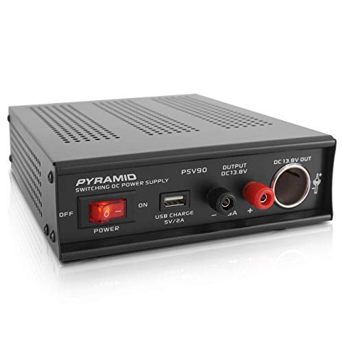 Pyramid Universal Compact Bench Power Supply - 9 Amp Regulated Home Lab Benchtop AC-DC Converter Power Supply for CB Radio, HAM w/ 13.8 Volt DC 115/230V AC Switchable, USB, Cigarette Lighter - PSV90
