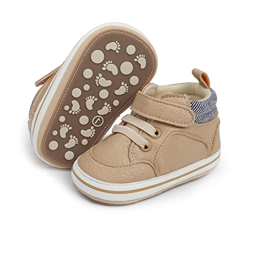 E-FAK Baby Shoes Boys Girls Infant Sneakers Non-Slip Rubber Sole Toddler Crib First Walker Shoes(08 Khaki, 6-12 Months Infant)