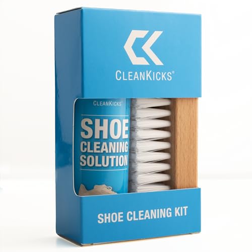 CleanKicks Shoe Cleaning Kit - Footwear Cleaner for Sneakers, Boots, Cleats, and Many Other Shoe Types - (4 Ounce Bottle and Brush). Packaging May Vary Between Green and Blue.