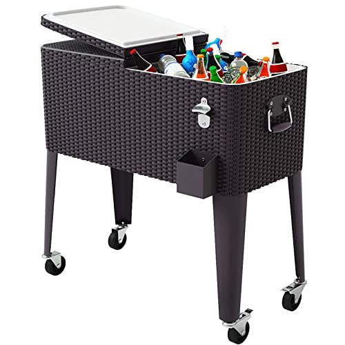 Giantex 80 Quart Rattan Rolling Cooler Cart Outdoor Patio Portable Party Drink Beverage Bar Cold Beach Chest Cart on Wheels, Brown Wicker, 32.7''(L) X18.9''(W) X43.3''(H)