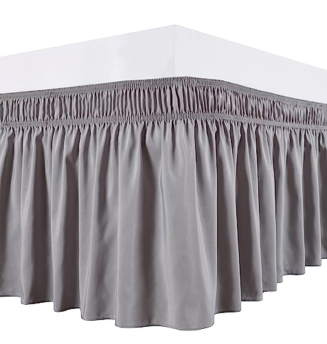 Biscaynebay Wrap Around Bed Skirts for Queen Size Beds Long Drop of 18', Silver Grey Adjustable Elastic Dust Ruffles Easy Fit Wrinkle Resistant Silky Luxurious Fabric Machine Washable