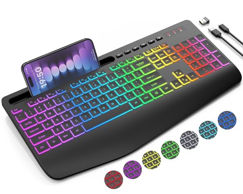 SABLUTE Wireless Keyboard with 8 Colors & 9 Effects Backlit, Wrist Rest, Phone Holder, Rechargeable Ergonomic Computer Keyboards, Full Size Silent 2.4G Cordless Keyboard for PC, Laptop, Mac, Windows