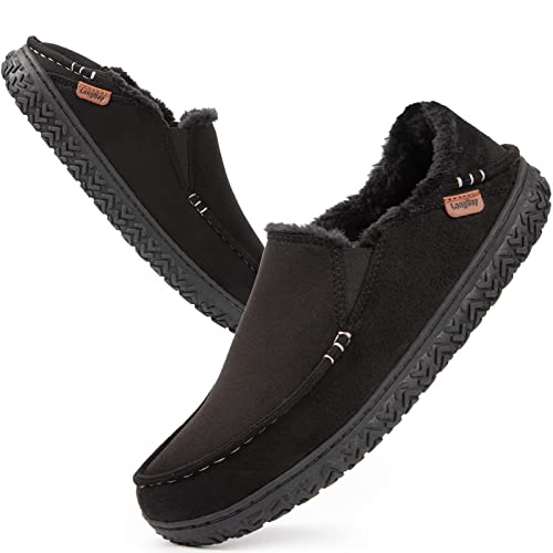 LongBay Men's Moccasin Slippers Comfy Warm Memory Foam House Shoes for Indoor Outdoor Black, 11