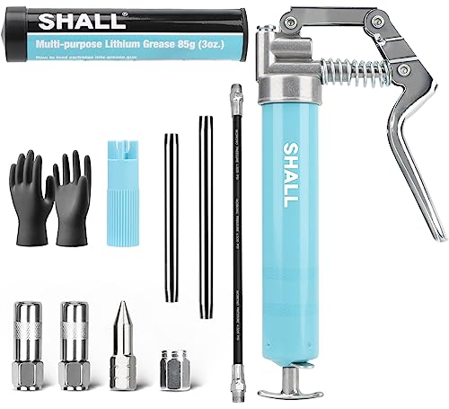 SHALL Mini Grease Gun, Small Grease Gun Kit (3.52OZ Capacity, 3000PSI) with 2PCS 4-Jaw couplers, Sharp Nozzle, Extension Adapter, 3OZ Cartridge Grease, Reinforced PVC Glove & Zerk Fitting Cleaner