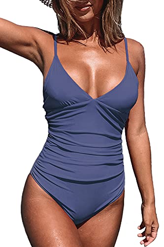 CUPSHE Women's One Piece Swimsuit Tummy Control V Neck Two Piece Bathing Suits, L Dark Slate Blue