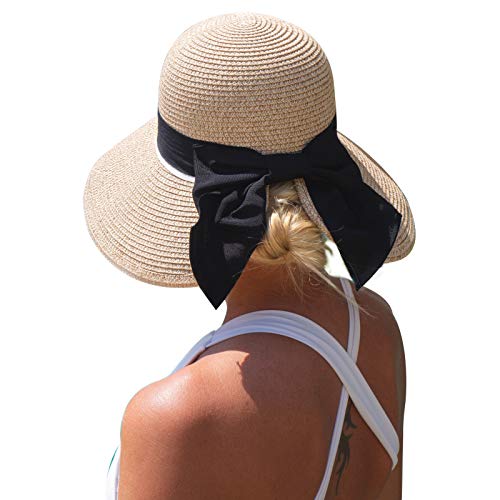 Women Summer Straw Sun Hat UPF Ladies Beach Accessories Fashions Hats Fedora Wide Brim Packable Beige Small S