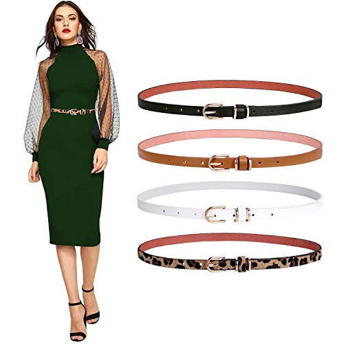 SANSTHS 4 Pack Women Thin Belts for Jeans Dresses Coats Skinny Women Belt with Gold Alloy Buckle, Black+Brown+White+Leopard S