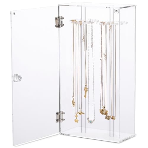 AMOTOFO Acrylic 24 Hooks Rotation Necklace Display Stand Pendant Display Organizer Holder Dust-proof Jewelry Display Box