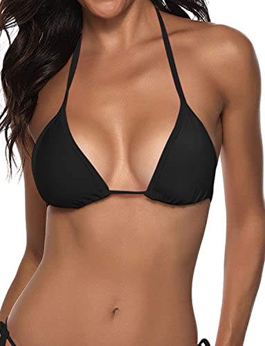 Suvimuga Women's Triangle Bikini Top Push up Padded Halter String Bathing Suits Top Black S