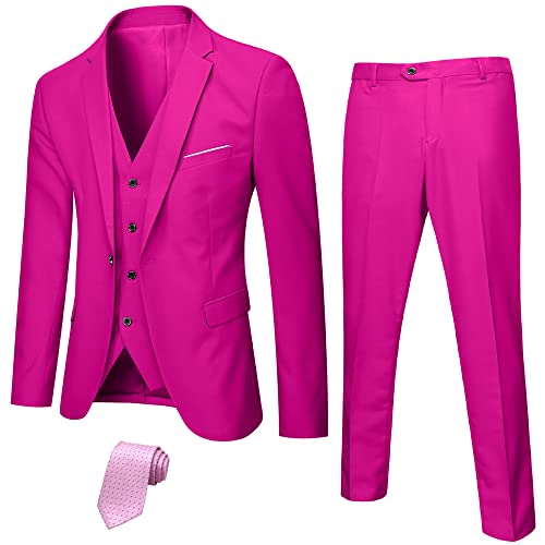 YND Men's Slim Fit 3 Piece Suit Set with Stretch Fabric, One Button Blazer Vest Pants, Solid Party Wedding Dress, Jacket Waistcoat and Trousers with Tie Fuchsia