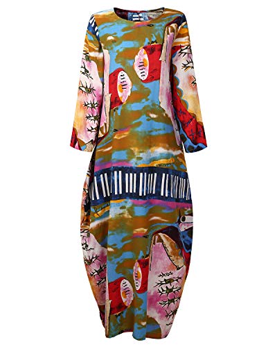 AUDATE Women's Bohemia O-Neck Casual Long Baggy Linen Dress 2XL
