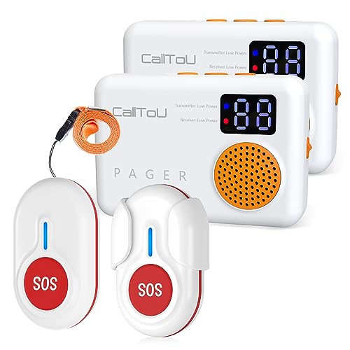 CallToU Caregiver Pager Wireless Call Button 1000FT for Elderly Monitoring Vibration Call Bell Medical Alert System with Digital Display Low Power Reminder 2 Portable Receiver 2 SOS Call Button